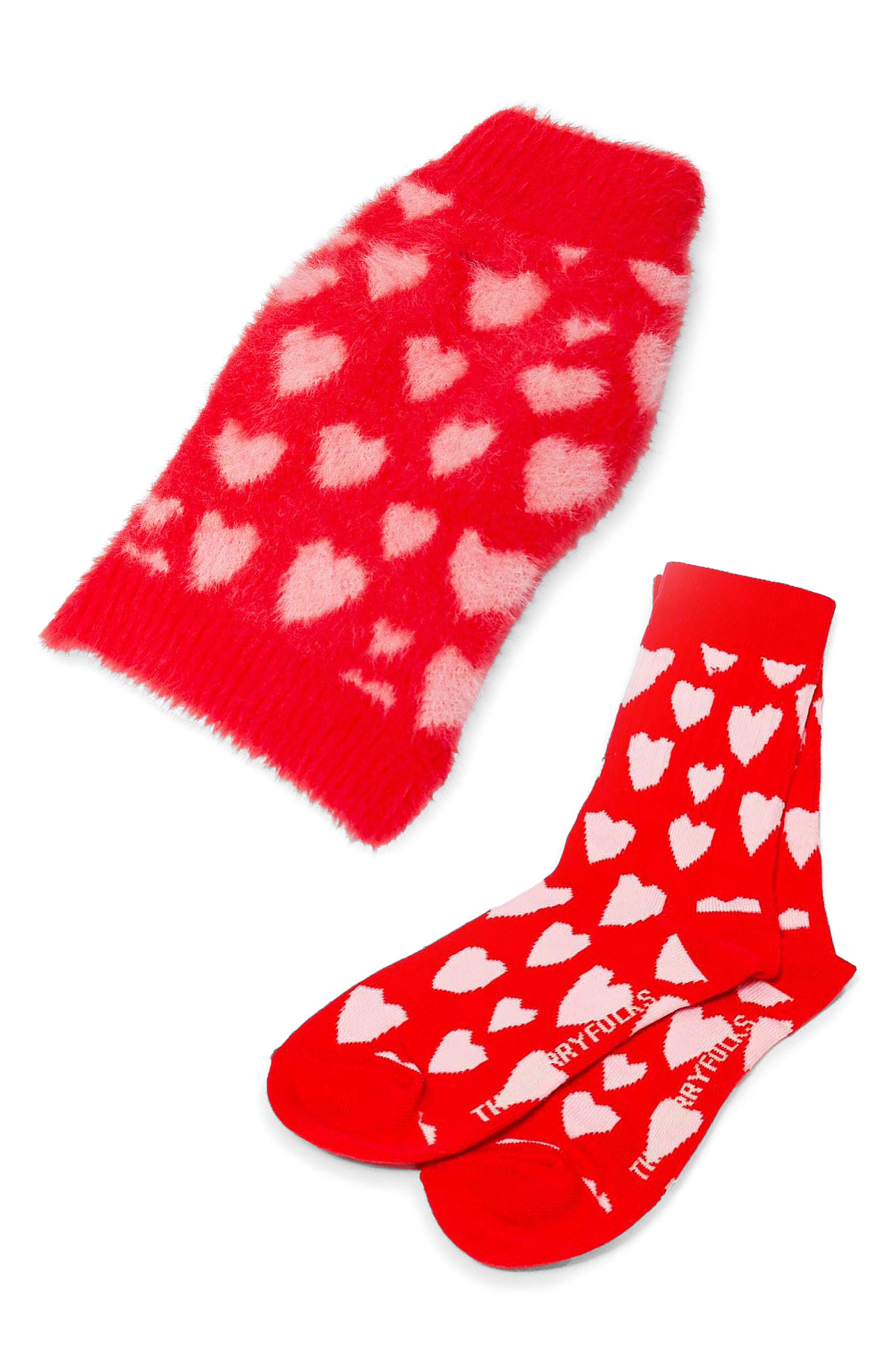 the furryfolks Hearts Pet Sweater & Socks Set in Red 