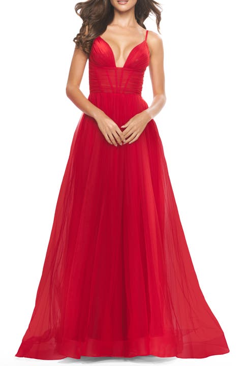 A-Line Tulle Gown with Illusion Bodice and Boning