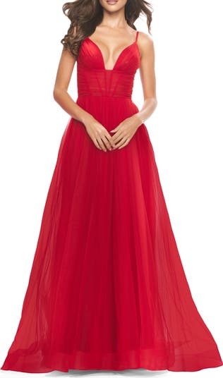 A-Line Tulle Gown with Illusion Bodice and Boning