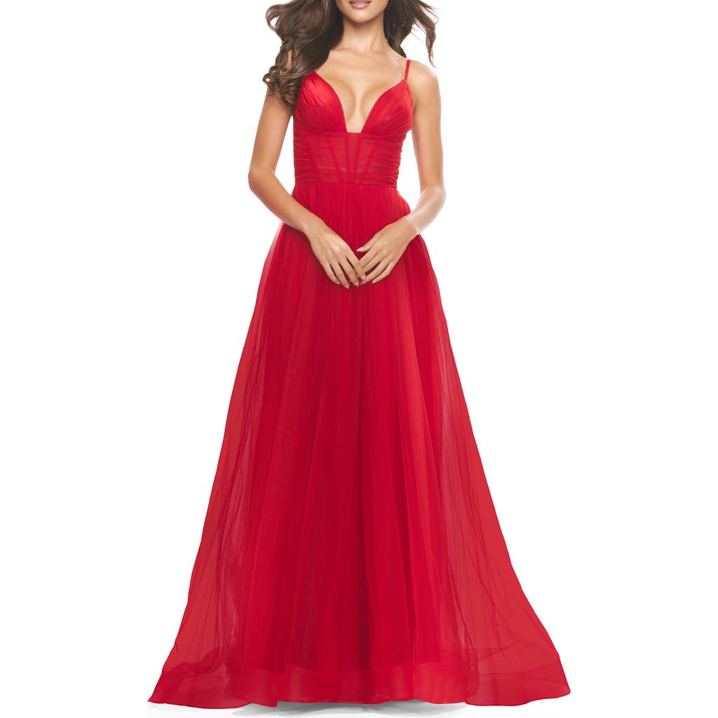 LA FEMME LA FEMME A-LINE TULLE GOWN WITH ILLUSION BODICE AND BONING