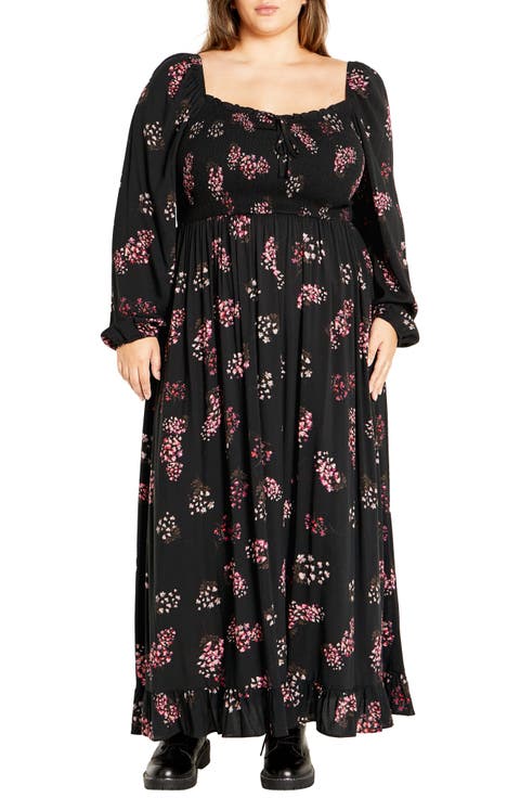 Murphy Long Sleeve Smocked Bodice Maxi Dress (Plus)