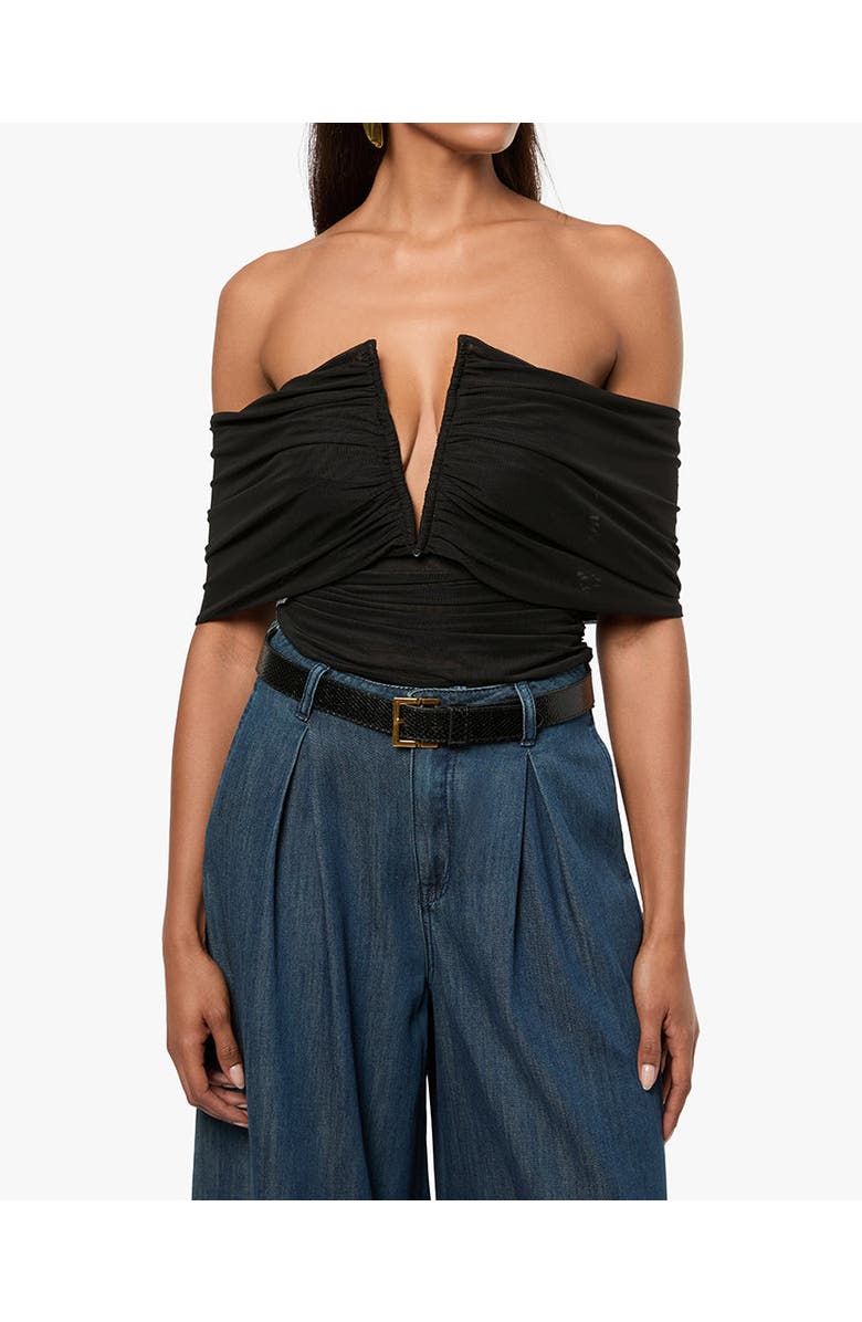 WeWoreWhat Ruched Off Shoulder Bodysuit, Main, color, Black
