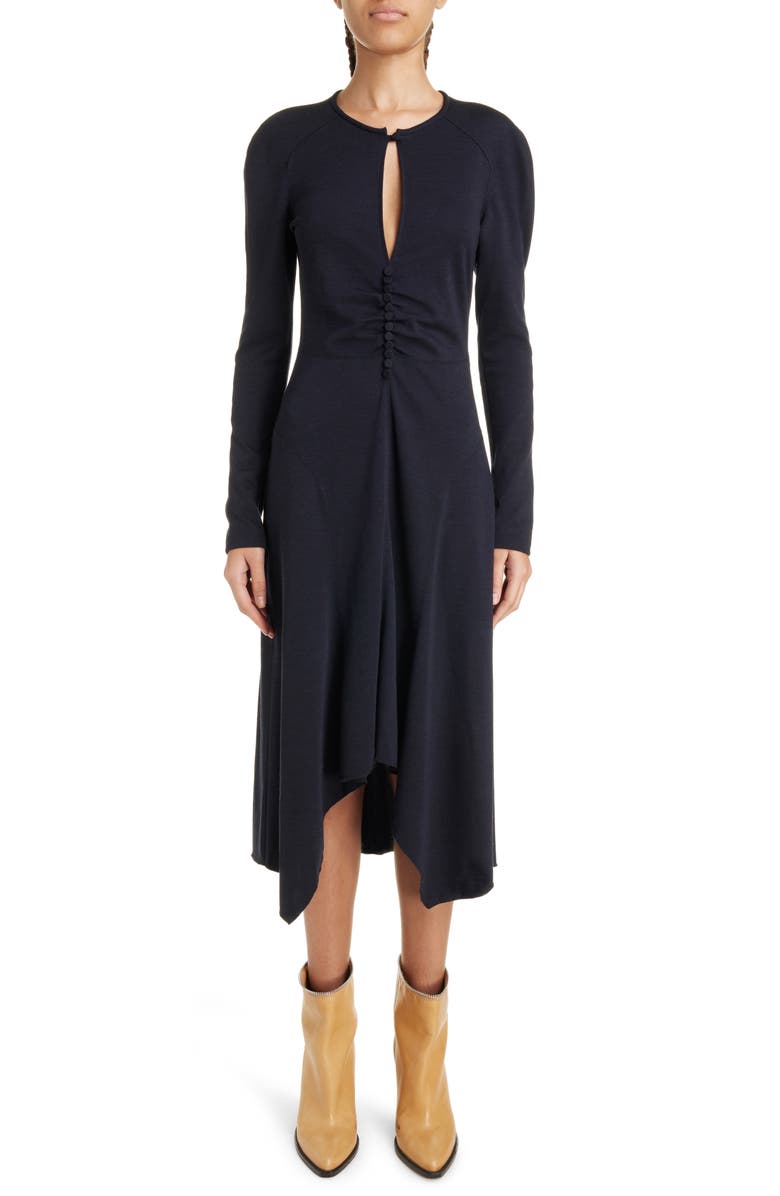 Isabel Marant Dorya Center Ruched Long Sleeve Stretch Silk Midi Dress, Main, color, Midnight