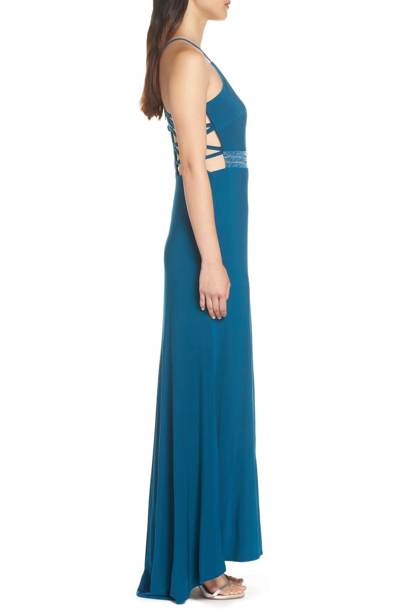 Morgan & Co. Beaded Mesh Halter Gown, Alternate, color, 