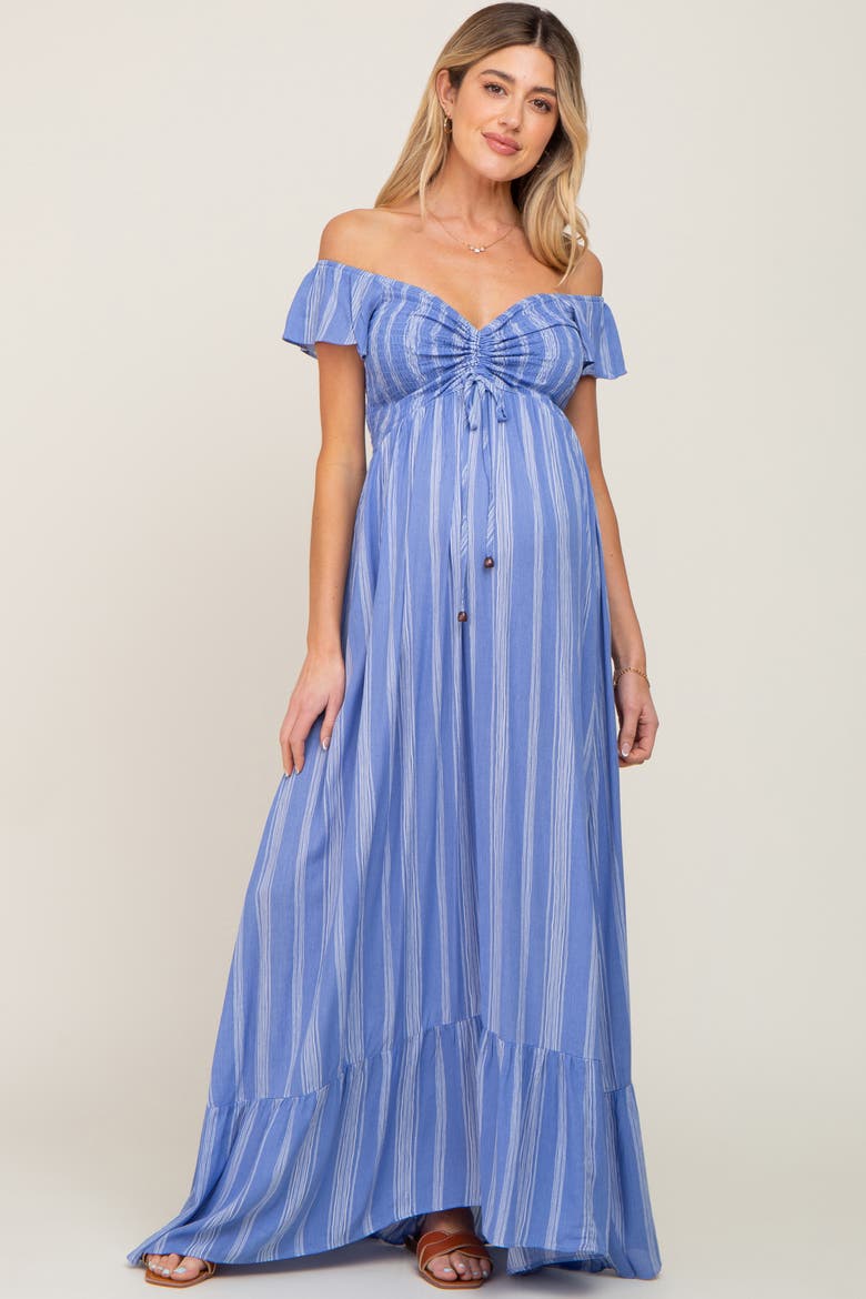 Striped Off Shoulder Front Tie Maxi Dress, Alternate, color, Blue