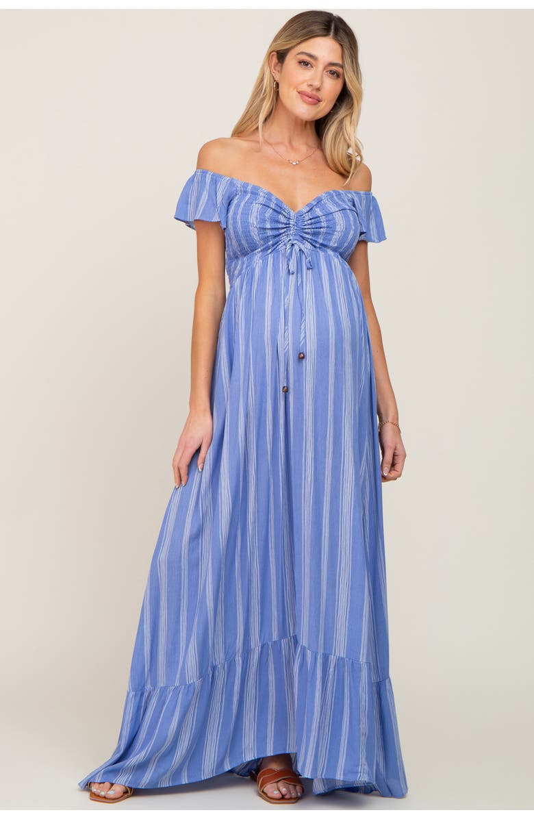 PinkBlush Striped Off Shoulder Front Tie Maxi Dress, Alternate, color, Blue