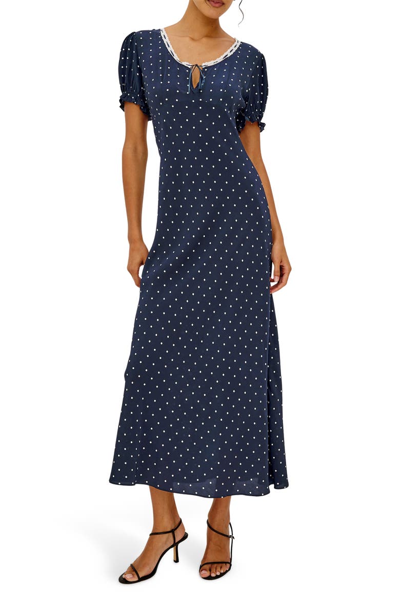 Allison Polka Dot Lace Trim Midi Dress, Main, color, NAVY POLKA DOTS
