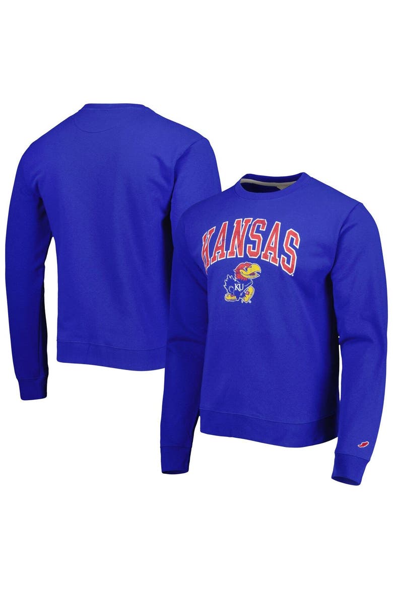 Men's League Collegiate Wear Royal Kansas Jayhawks 1965 Arch Essential Lightweight Pullover Sweatshirt, Main, color, Royal