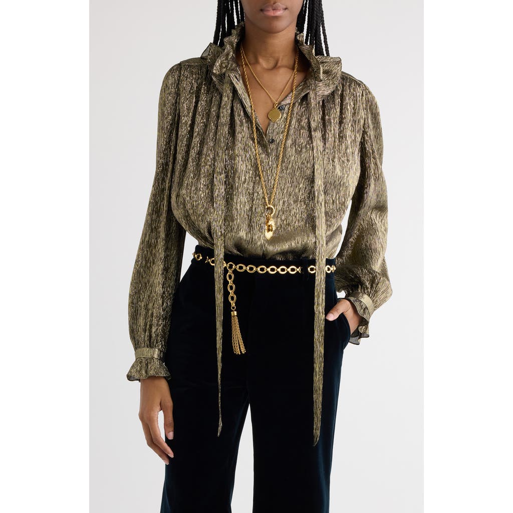Shop Chloé Ruffle Neck Silk Crêpon Lamé Button-up Shirt In Black Gold