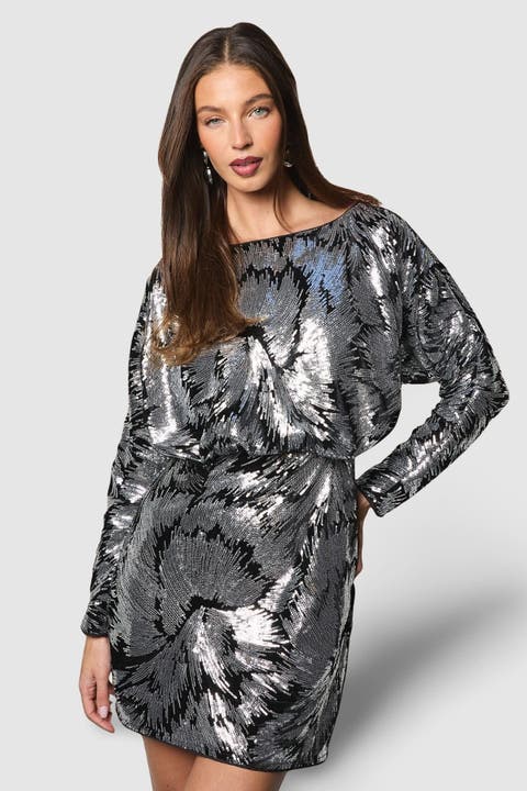 Floral Sequin Batwing Mini Dress
