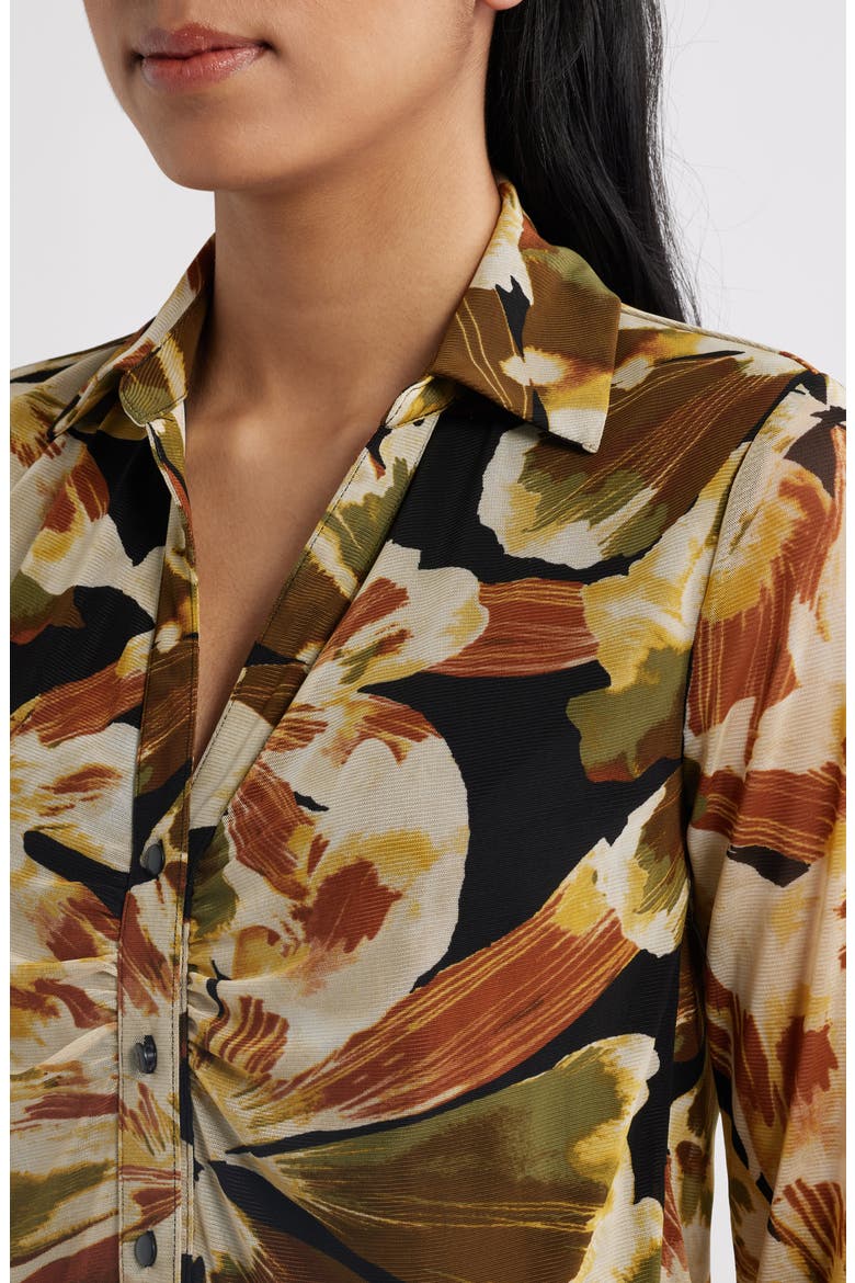 Tropical Print Ruched Mesh Button-Up Shirt, Alternate, color, ANNE BLACK MULTI
