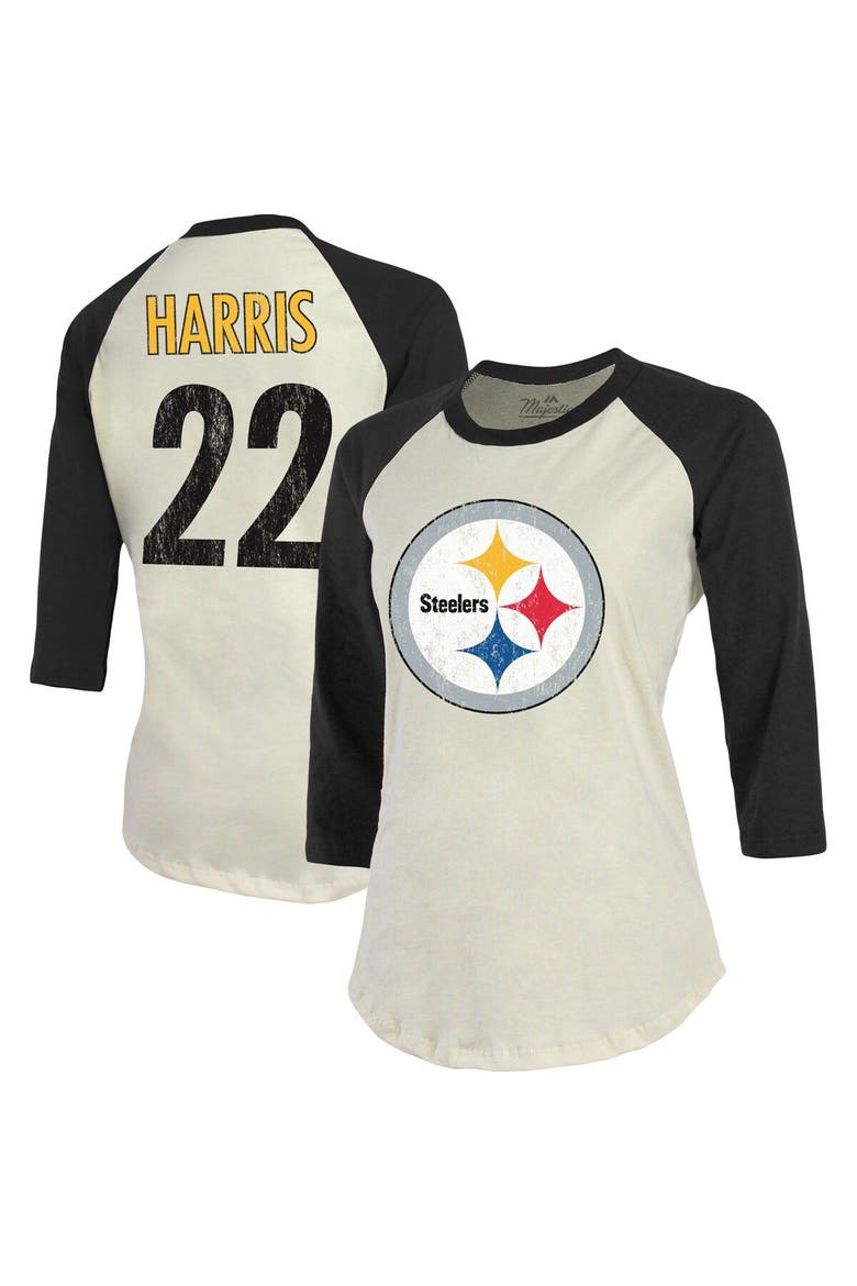 Women's Majestic Threads Najee Harris Cream/Black Pittsburgh Steelers Player Name & Number Raglan 3/4-Sleeve T-Shirt, Main, color, Cream