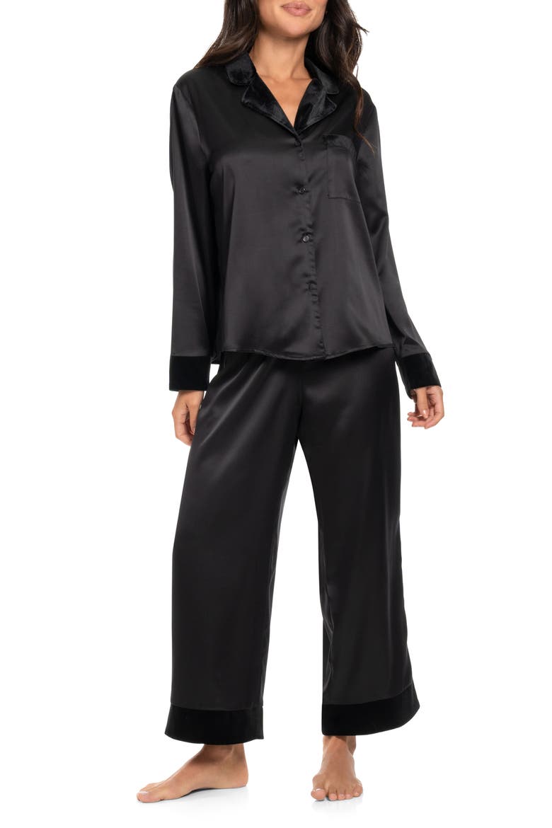 Velvet Trim Satin Pajamas, Main, color, BLACK