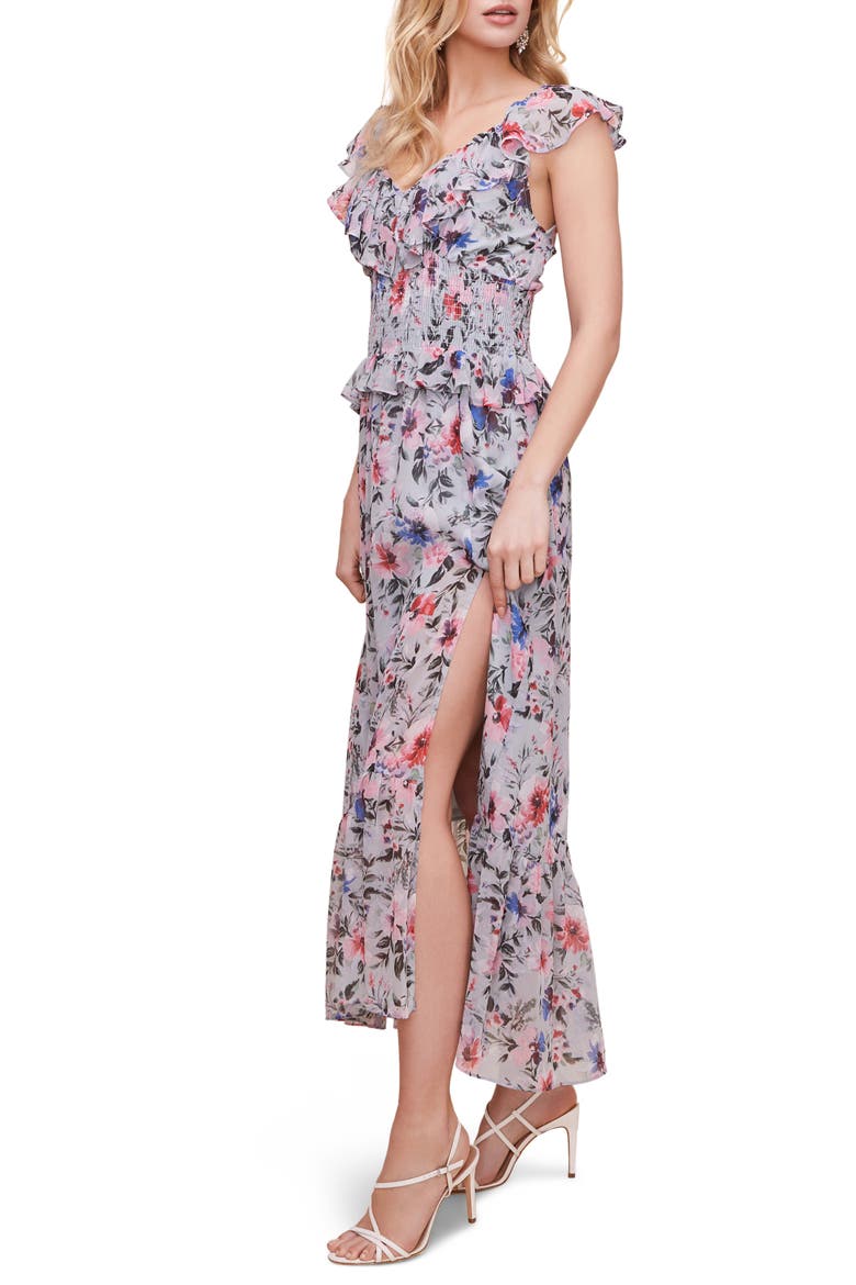 Double Flutter Midi Dress, Alternate, color, BLUE GREEN MULTI FLORAL