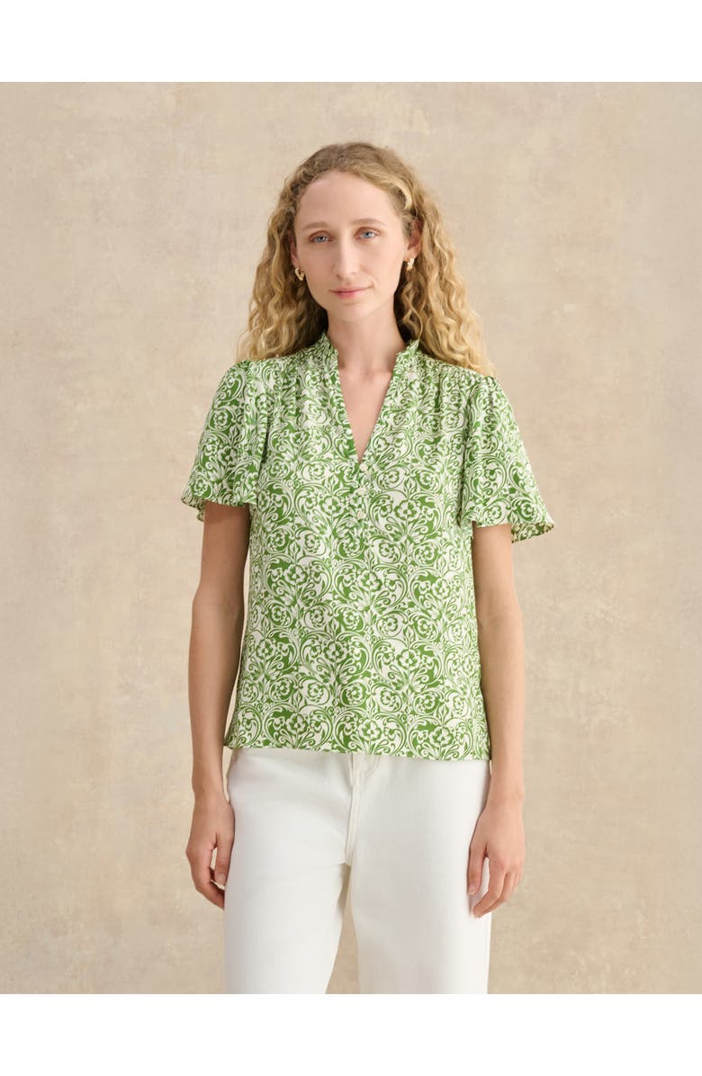 HOBBS LONDON Tania Short Sleeve V-Neck Printed Blouse, Main, color, Green Ivory