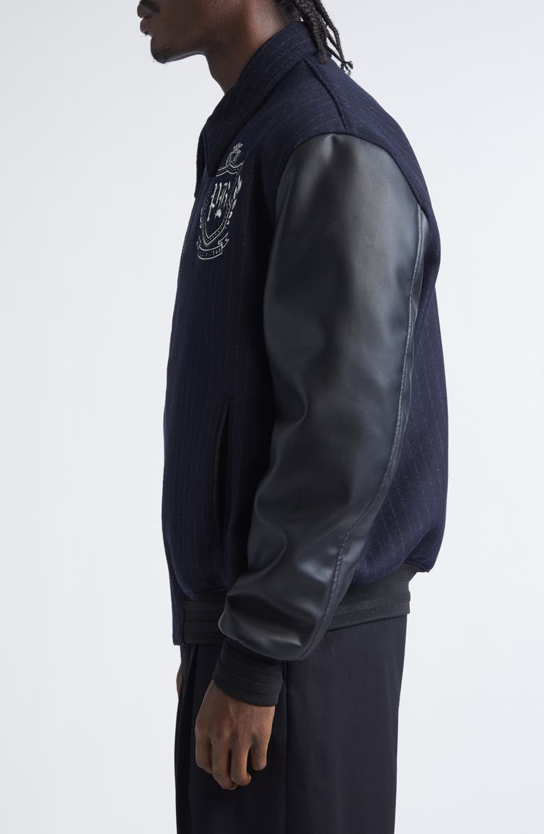 Balmain Pinstripe Mixed Media Varsity Jacket, Alternate, color, Spw Navy/ Multi