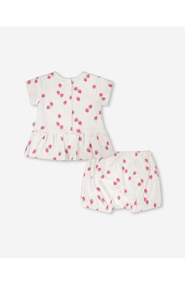 Deux par Deux Cotton Rib Jersey Strawberries Printed Top and Short Set, Alternate, color, White Printed Strawberries