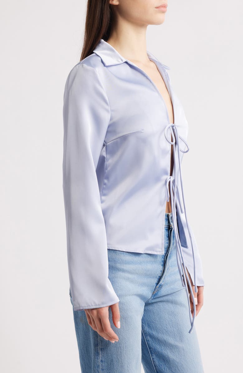 NASTY GAL Long Sleeve Tie Front Satin Shirt, Alternate, color, Blue