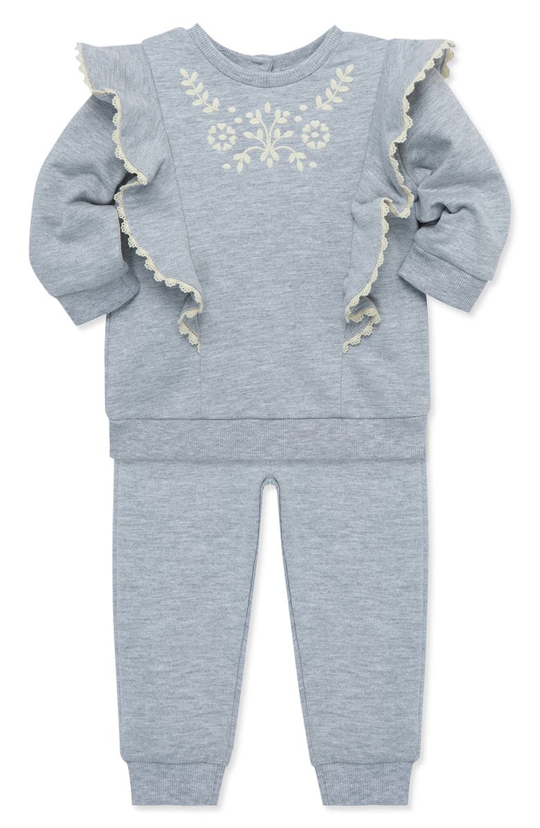 Little Me Embroidered Ruffle Sweatshirt & Joggers Set, Alternate, color, 