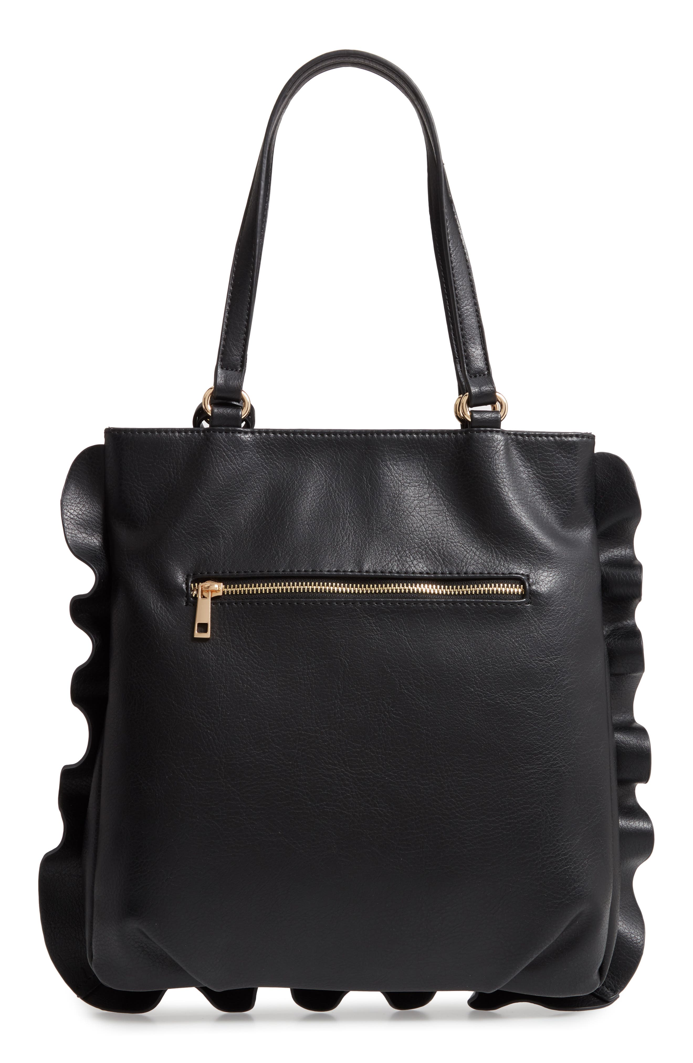 Arwen Ruffle Trim Faux Leather Tote, Alternate, color, BLACK