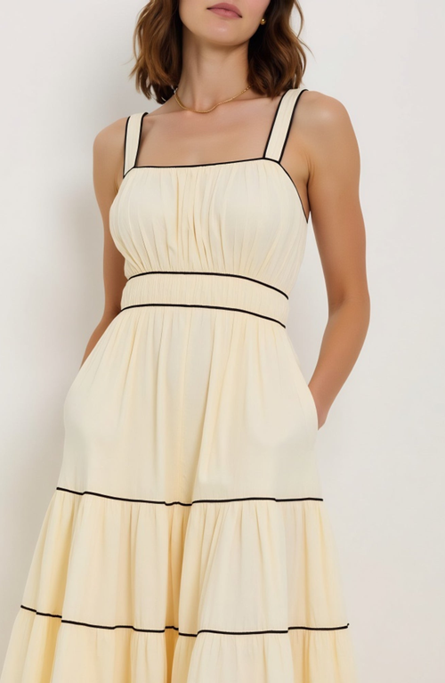 Modenaire Strappy Tiered Maxi Dress With Contrasting Trim And Flowing Silhouette In Yellow