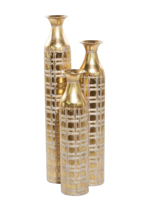 Goldtone Metal Glam Vase with Etched Grid Pattern - Set of 3