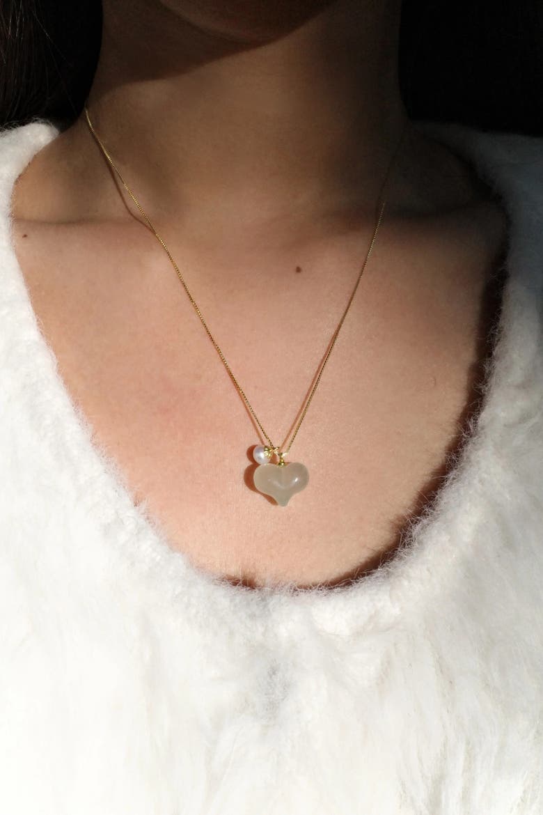 Puffed Heart Green Jade and Pearl Pendant Necklace, Alternate, color, Light green