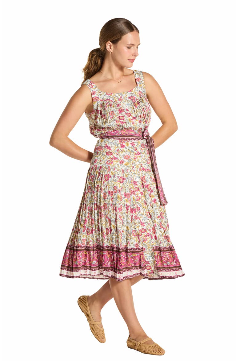 Buttoned Pleated Midi Dress, Alternate, color, WHITE FLORAL