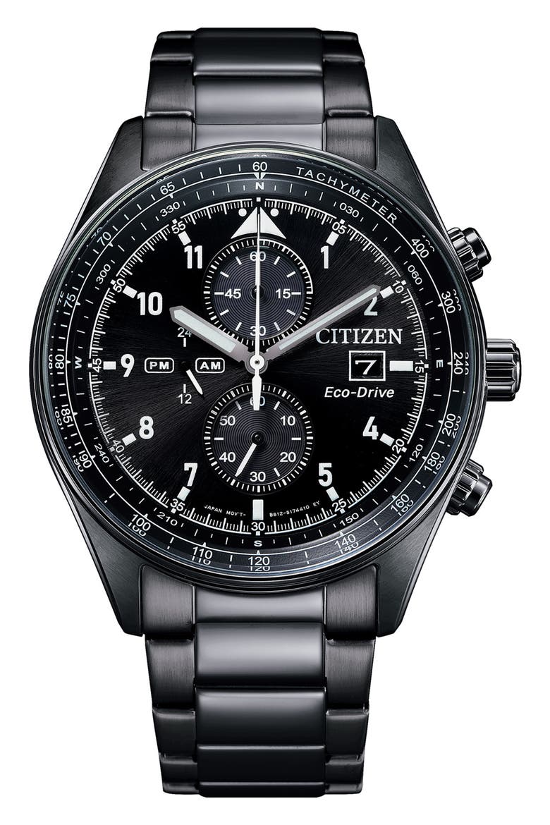 Eco-Drive Chronograph Bracelet Watch, 43mm, Main, color, BLACK