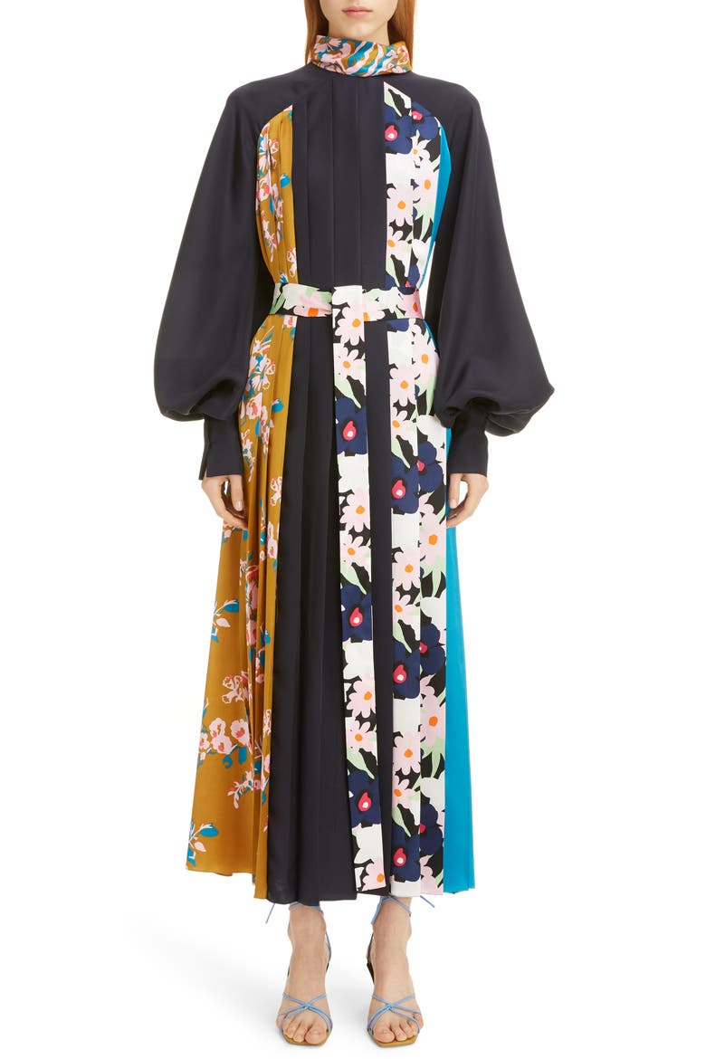 Floral Panel Long Sleeve Silk Twill Maxi Dress, Main, color, MIDNIGHT