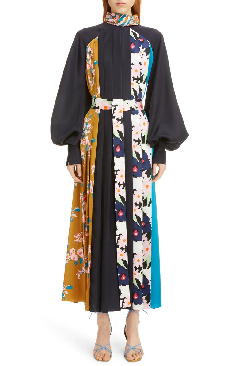 Roksanda Floral Panel Long Sleeve Silk Twill Maxi Dress, Main, color,