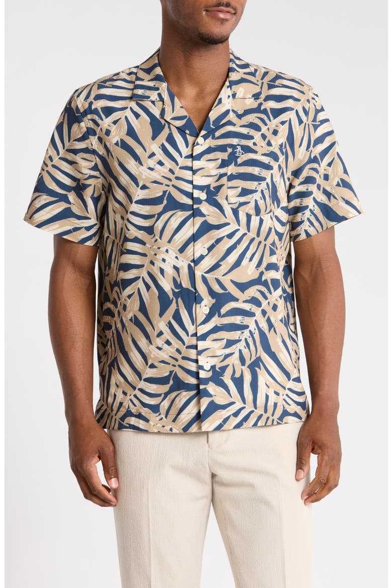 Palm Leaf Print Seersucker Camp Shirt, Main, color, SARGASSO SEA