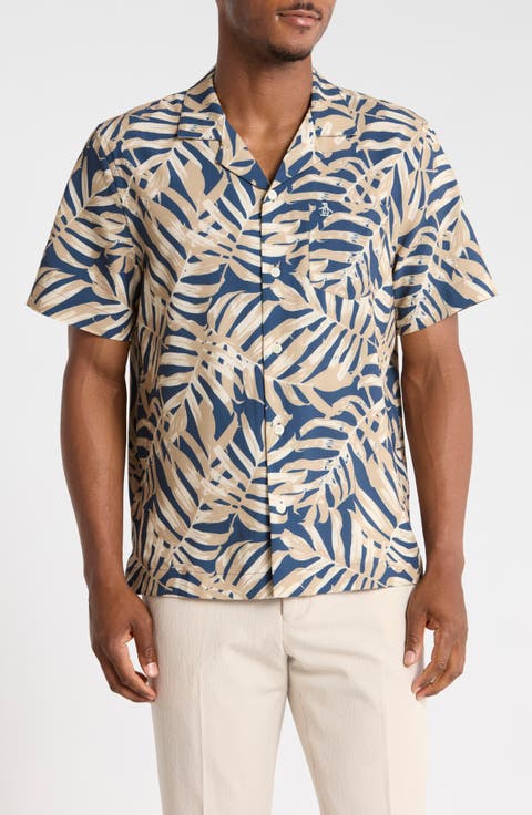 Palm Leaf Print Seersucker Camp Shirt
