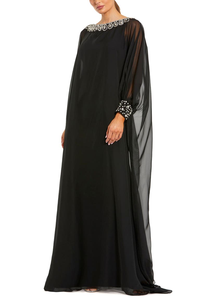 Chiffon Long Sleeve Kaftan Gown With Beaded Neck, Main, color, Black