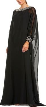 Mac Duggal Chiffon Long Sleeve Kaftan Gown With Beaded Neck