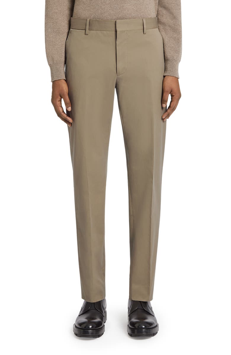 ZEGNA Flat Front Stretch Cotton Gabardine Trousers, Main, color, Khaki