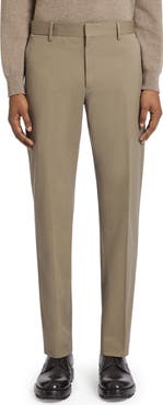ZEGNA Flat Front Stretch Cotton Gabardine Trousers
