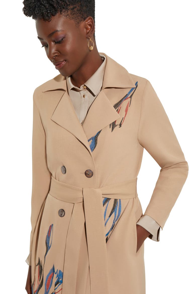 Floral Embroidered Belted Double Breasted Trench Coat, Alternate, color, SAND/RUSSET/BISCOTTI/LYONS