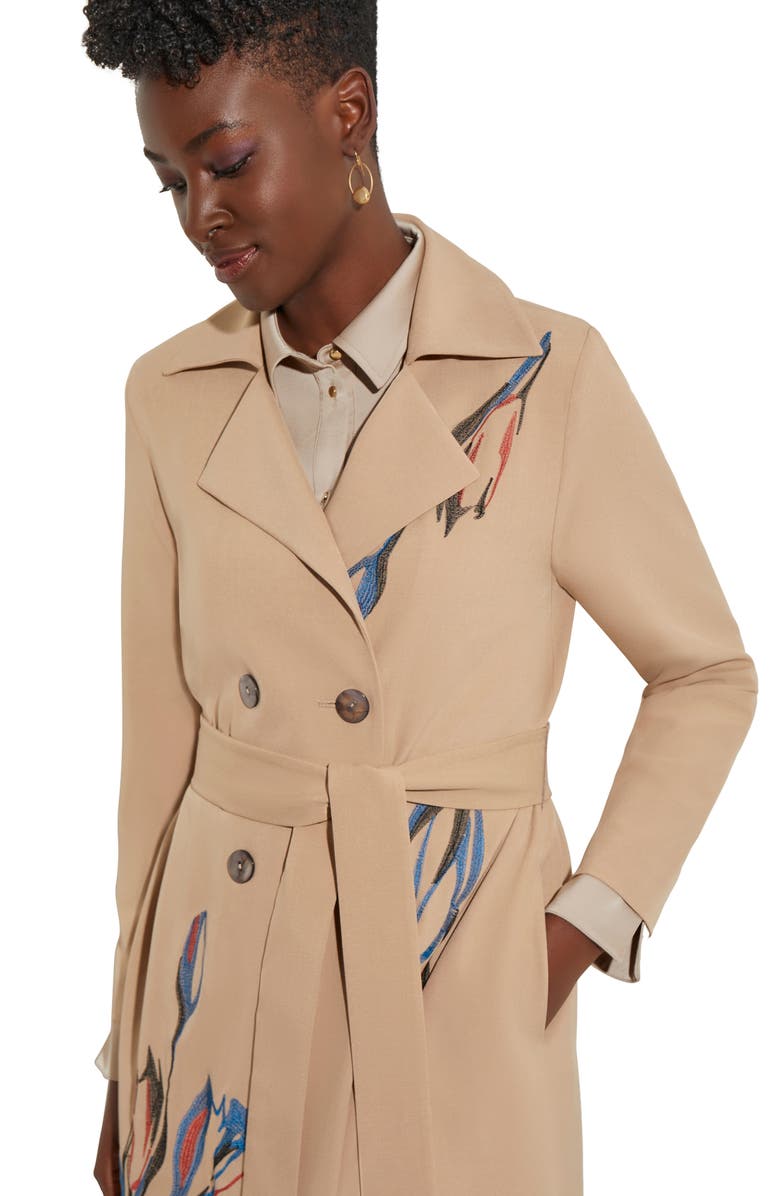 Misook Floral Embroidered Belted Double Breasted Trench Coat, Alternate, color, 