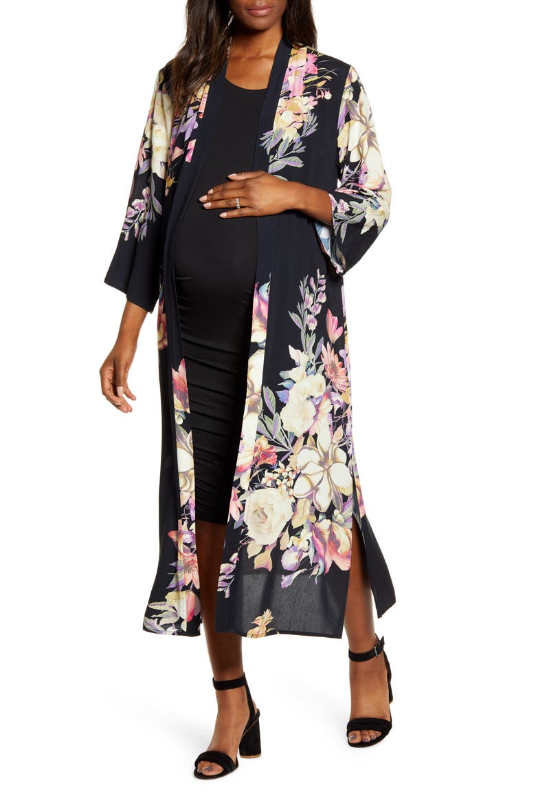 Print Maternity Tank Dress & Duster Cardigan, Main, color, BLACK FLORAL PRINT