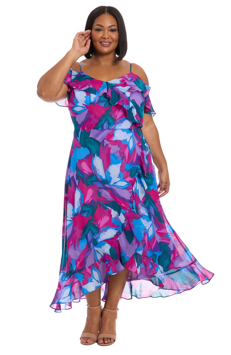 London Times Floral Cold Shoulder Chiffon Maxi Dress, Alternate, color,