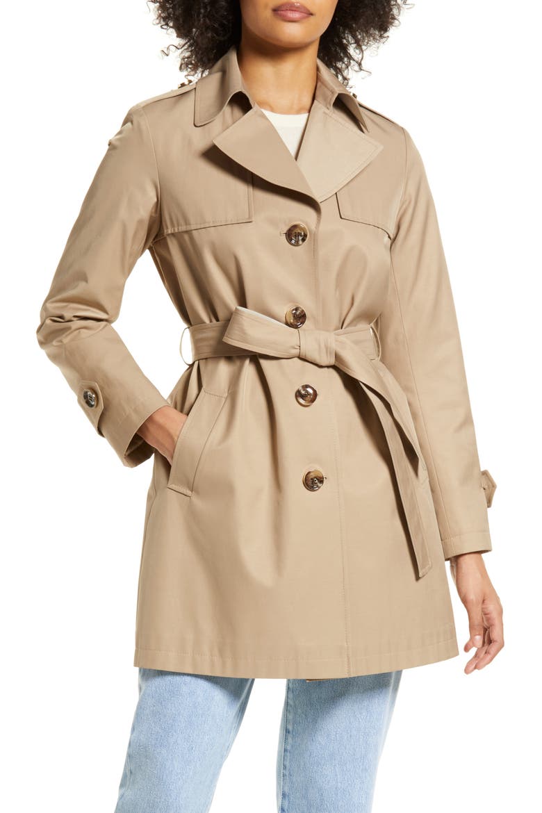 Water Repellent Tie Waist Cotton Blend Trench Coat, Main, color, BEIGE/ SAND