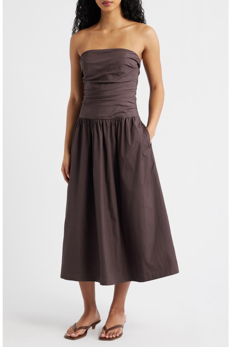 Strapless Ruched Poplin Midi Dress, Alternate, color, CHOCOLATE PLUM