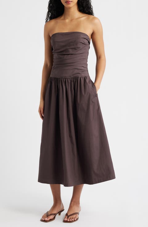 Strapless Ruched Poplin Midi Dress
