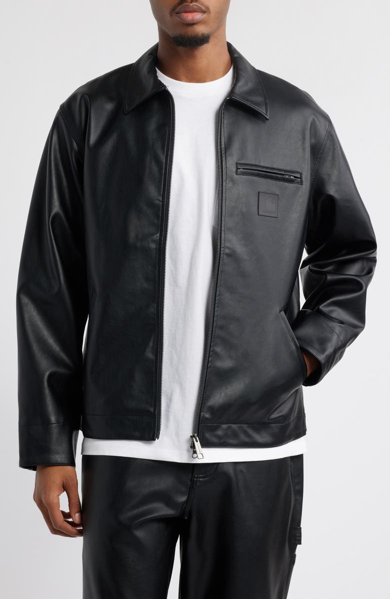 Carhartt Work In Progress Detroit Black Faux Leather Jacket, Main, color, 