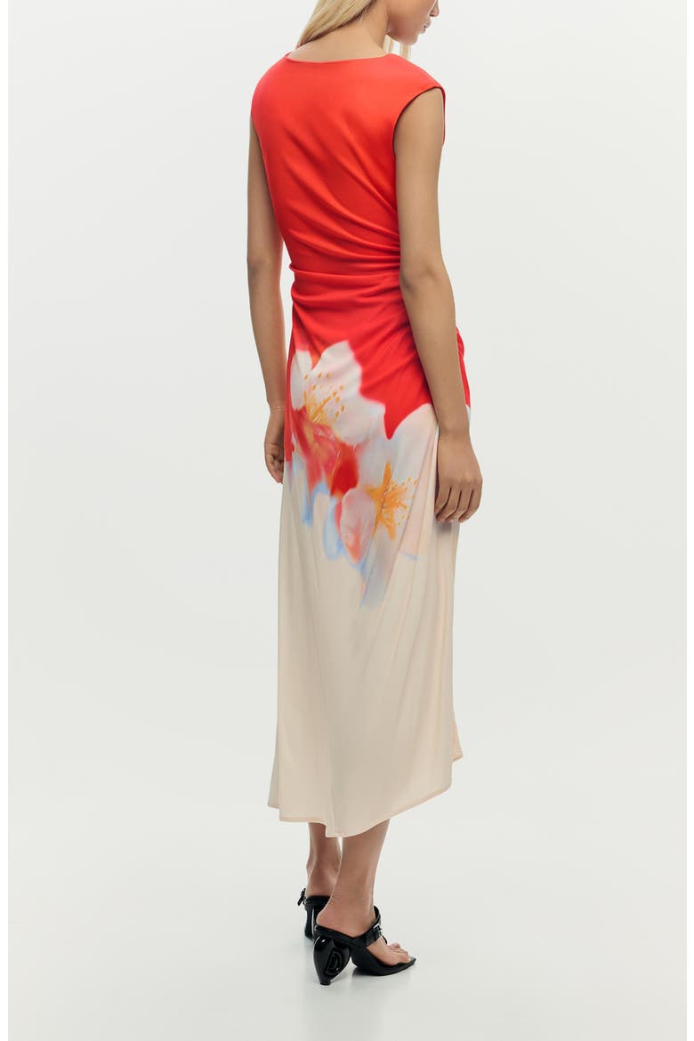 Floral Ruched Side Midi Dress, Alternate, color, CORAL
