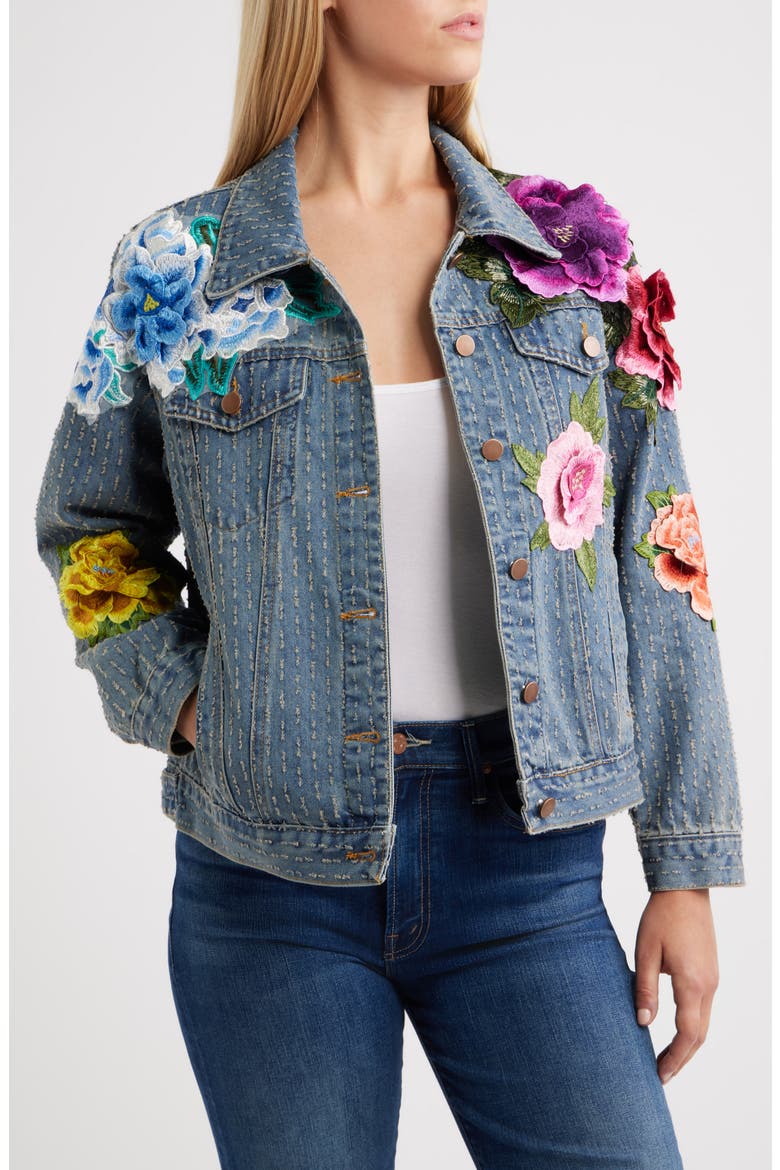 Blossom Embroidered Floral Appliqué Denim Trucker Jacket, Main, color, DARK BLUE