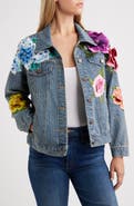 NIKKI LUND Blossom Embroidered Floral Appliqué Denim Trucker Jacket
