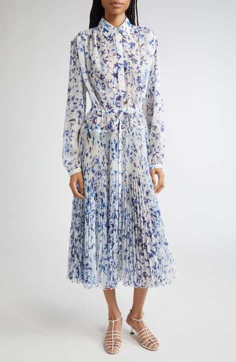 Jones Long Sleeve Pleated Crinkle Chiffon Shirtdress