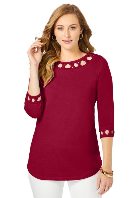 Stretch Cotton Lattice Boatneck Tunic (Plus)